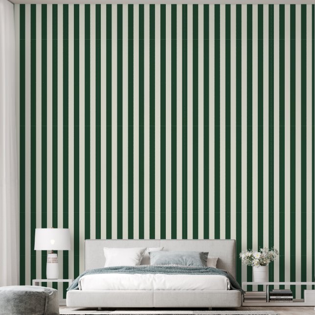 Papier Peint Rayure verticale de 3" Terreux Vert foncé & Blanc  (Chambre à coucher)
