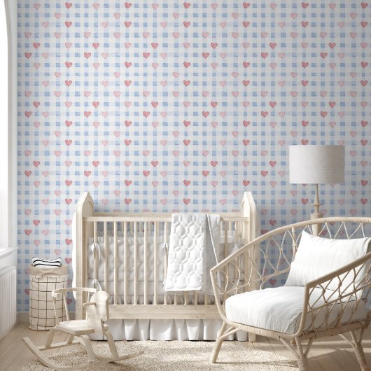 Papier Peint Rayures bleues cœurs roses  (Enfants)