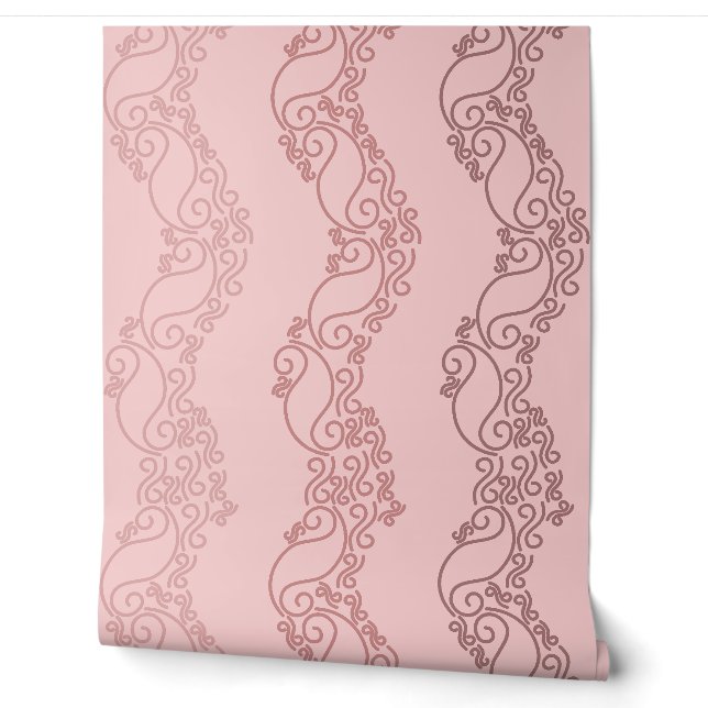 Papier Peint Rayures Courbes Ombrées - Rosé - Rose (Déroulement)