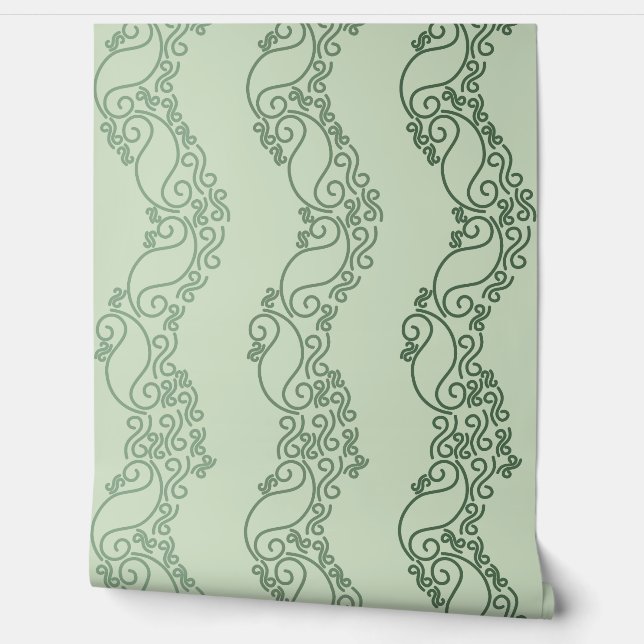 Papier Peint Rayures Courbes Ombrées - Vert (Déroulement)
