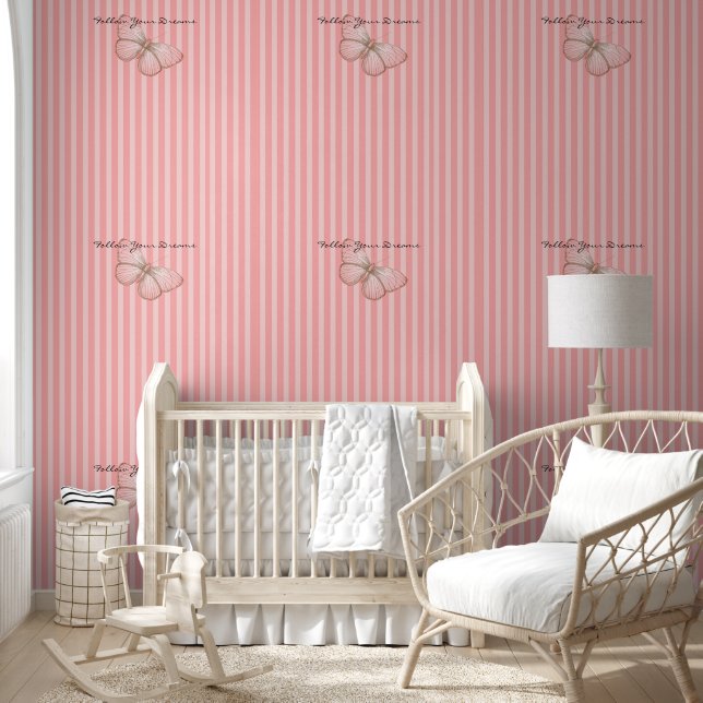 Papier Peint Rayures roses avec papillon (Enfants)