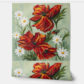Papier Peint Red Poppy & Daisy Floral Wallpaper