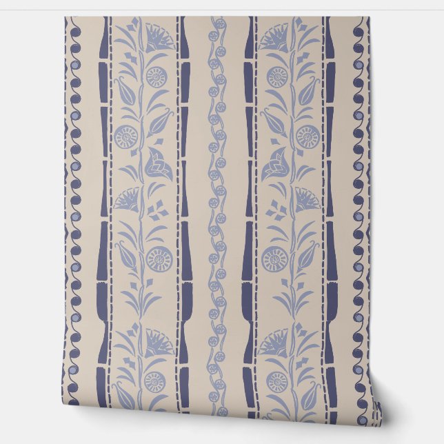 Papier Peint Regency Floral Stripes - Navy Blue - Cream (Déroulement)