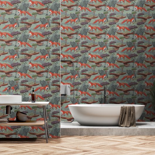 Papier Peint Renard et ours vert (Salle de bain)