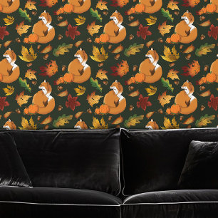 Papier Peint Renard roux Feuilles d'automne Glands Motif vert