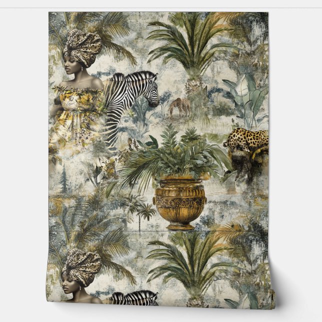Papier Peint Répéter le thème tropical Leopard Zebra Exotic Lad (Déroulement)