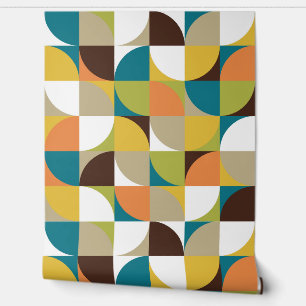 Papier Peint Retro Mod Carrés Turquoise Orange Vert Jaune Brown