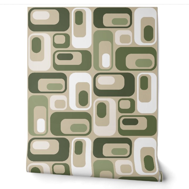 Papier Peint Retro Mod Ovales Beige Vert (Déroulement)