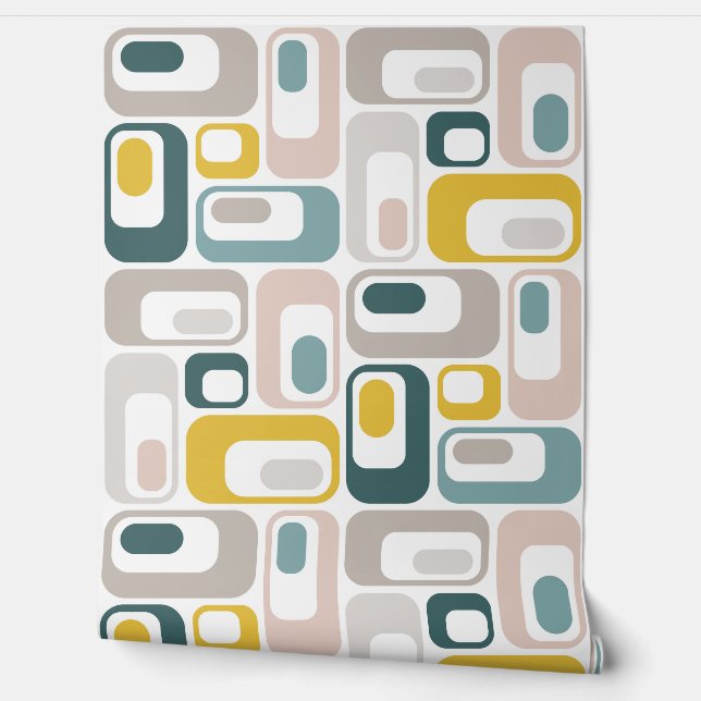 Papier Peint Retro Mod Ovals Aqua Teal Blue Blush Pink Yellow  (Déroulement)
