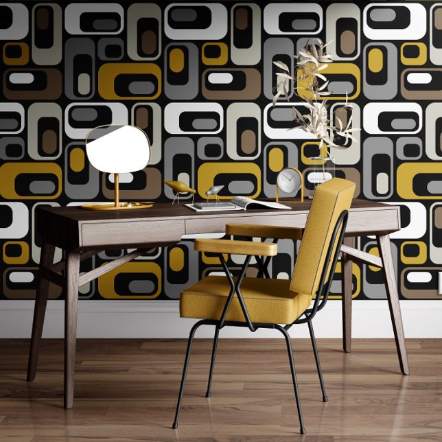 Papier Peint Retro Mod Ovals Mustard Beige Taupe Grey Black  (Créateur téléchargé)