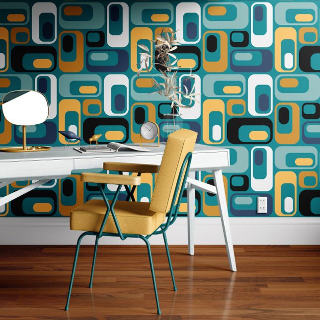 Papier Peint Retro Mod Ovals Mustard Turquoise Aqua Blue Black (Créateur téléchargé)