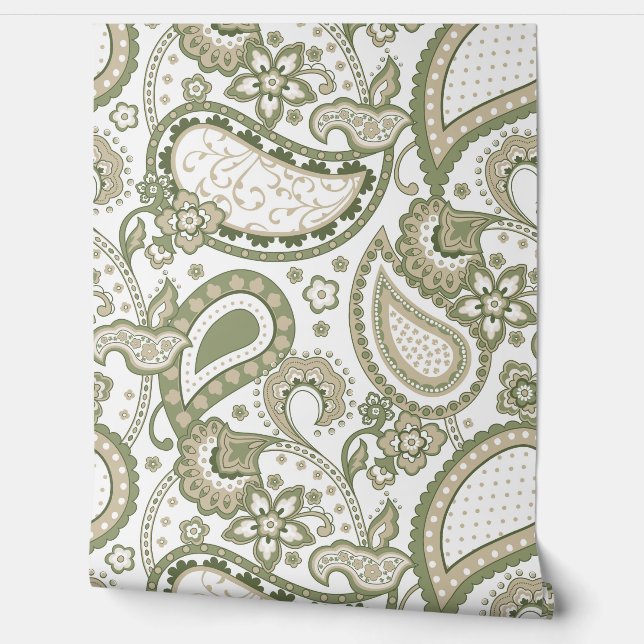 Papier Peint Retro Mod Paisley Olive Sage Green Beige (Déroulement)
