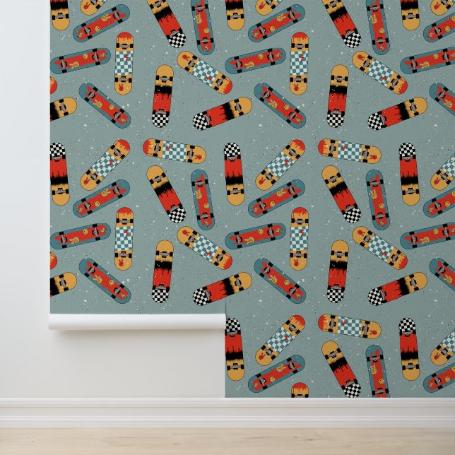 Papier Peint Retro Skateboard Blue Cool Motif enfants (Application)