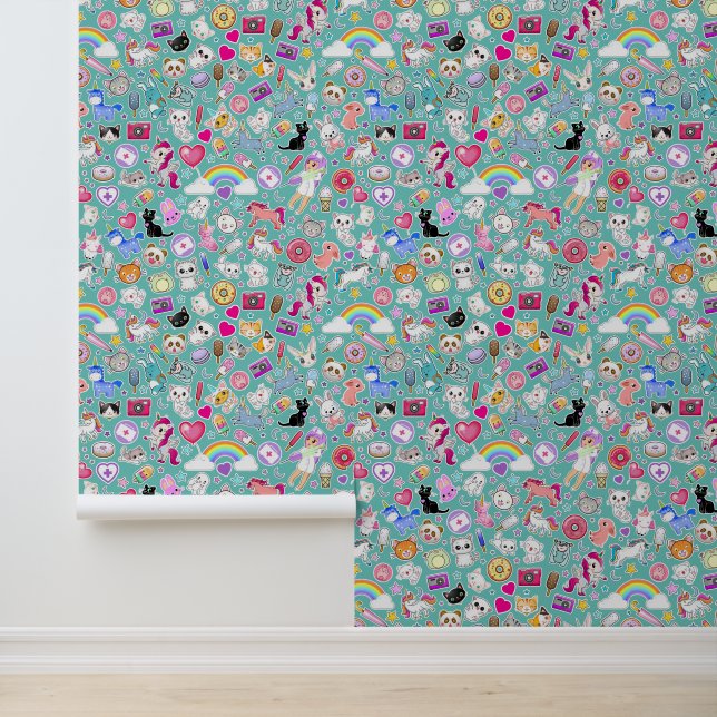 Papier Peint Retro Turquoise Kawaii Cartoon Décora Nursery (Application)