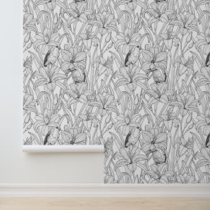 Papier Peint Robins et fleurs de lys, noir et blanc