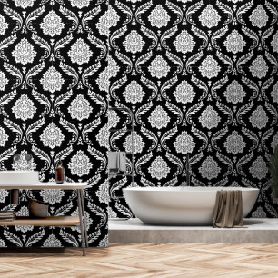 Papier Peint Rococo Damassé Grand Motif Blanc sur Noir