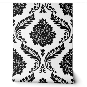 Papier Peint Rococo Damassé Grand Motif Noir sur Blanc