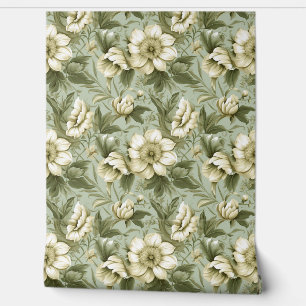 Papier Peint Romantique Shabby chic vert foncé fleurs blanches