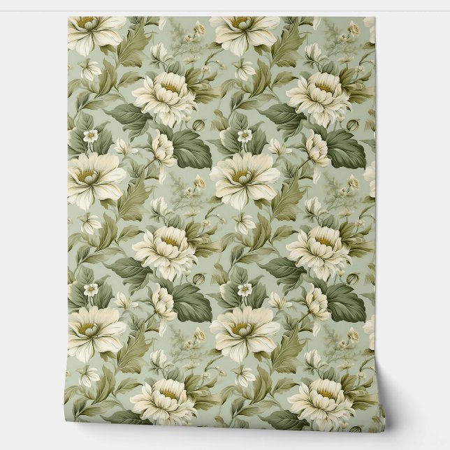 Papier Peint Romantique Shabby chic vert foncé fleurs blanches (Déroulement)