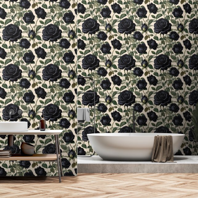 Papier Peint Rose anglais noir, (Salle de bain)