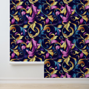 Papier Peint Rose, Bleu, Or, Motif à souffle feuille