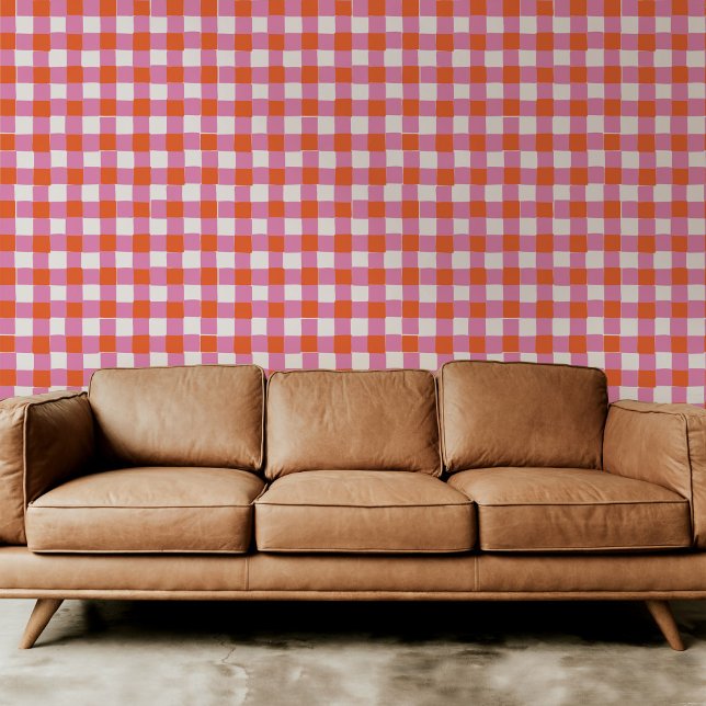 Papier Peint Rose clair et rouge orange À damiers plaid (Bright pink and orange red hand-drawn checkered plaid peel and stick wallpaper.)