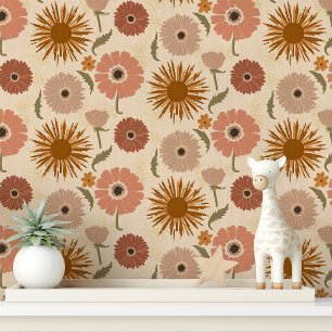Papier Peint Rose Rétro et Fleur Mustard