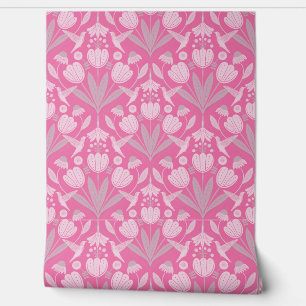 Papier Peint Rose rose tendre scandinave floral oiseaux-mouches