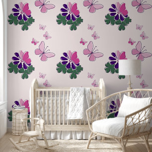 Papier Peint Rose vert pourpre Doodé fleurit Papillons Accent