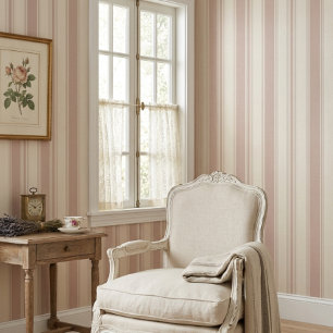 Papier Peint Rose Vintage et Rayures Crème Campagne Française 