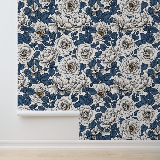 Papier Peint Roses blanches avec feuilles bleus sur blanc (Application)