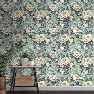 Papier Peint Roses blanches de style Chintz sur Floral Bleu