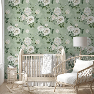 Papier Peint Roses blanches en vert clair