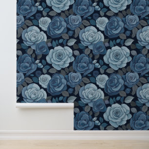 Papier Peint Roses floraux gris bleu
