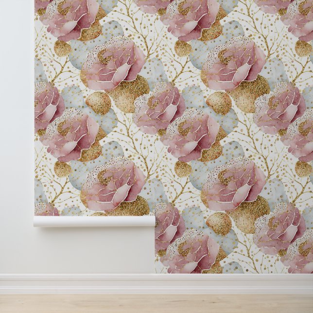 Papier Peint Roses roses et or (Application)