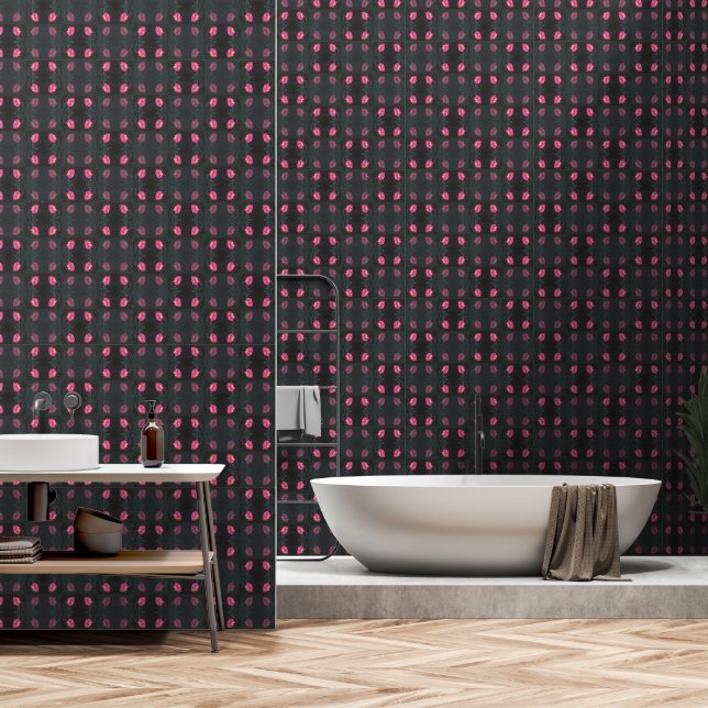 Papier Peint roses roses sur fond vert foncé (Salle de bain)