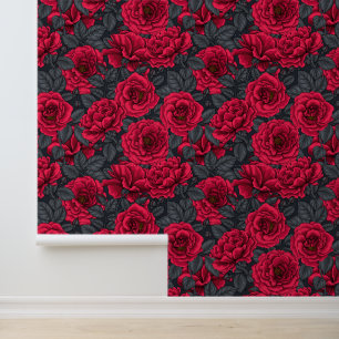 Papier Peint Roses rouges avec feuilles gris sur noir