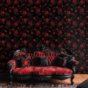 Papier Peint Roses rouges profondes gothiques sur fond noir