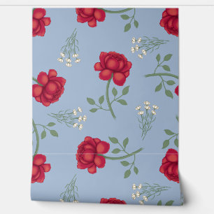 Papier Peint Roses rouges sur bleu clair Calico surdimensionné