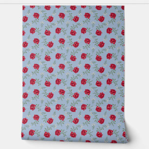 Papier Peint Roses rouges sur Calico bleu clair