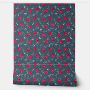 Papier Peint Roses rouges sur Calico Bleu Dusky