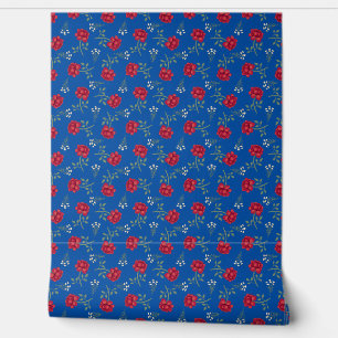 Papier Peint Roses rouges sur Calico bleu moyen