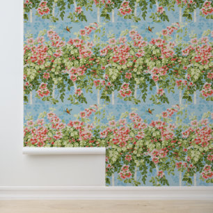 Papier Peint Roses SAUVAGES, FEUILLES VERTS, OISEAU VOLANT DANS