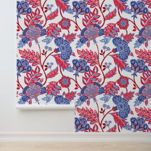 Papier Peint Rouge blanc & bleu Indien motif floral