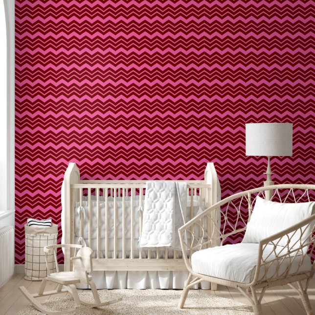 Papier Peint Rouge bordeaux rose chevron design zigzag  (Enfants)