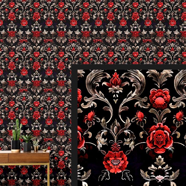 Papier Peint Rouge & bronze sur noir Dramatique Gothique Damask (Créateur téléchargé)