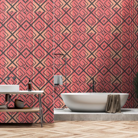 Papier Peint Rouge Rayure + Pêche (Salle de bain)