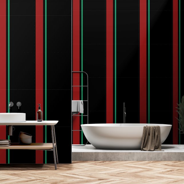 Papier Peint Rouge + Vert Bande Verticale Noire (Salle de bain)