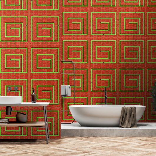 Papier Peint Rouge Vert Géo (Salle de bain)