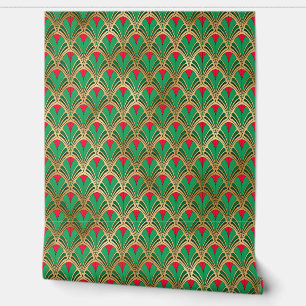 Papier Peint Rouge Vert Or Art Déco Élégant Autocollant